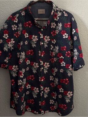 EUC JACHS New York Navy Floral Hawaiian Shirt XL Button Down Short Sleeve Cotton